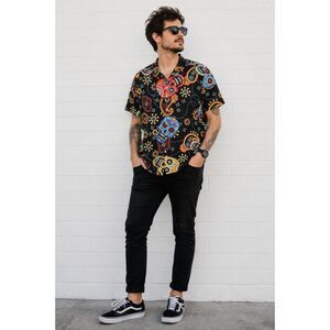 NWOT Ouku Men's 2XL Sugar Skull Day of the Dead Colorful Camp Short Sleeve Shirt